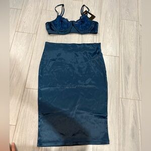 Fashion Nova Teal Satin Lace Crop Top & Pencil Skirt Set